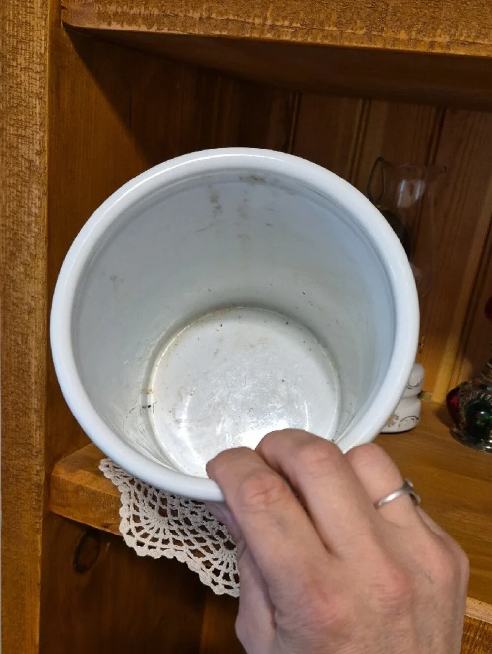 White Ceramic Crock with Rooster Motif